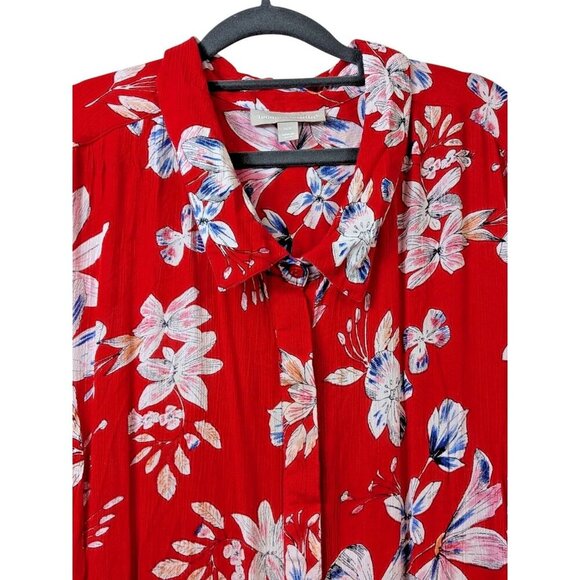 Woman Within Plus Size 34W Roll Tab Sleeve Crinkle Floral Red Shirt Dress Flowy - Picture 6 of 16